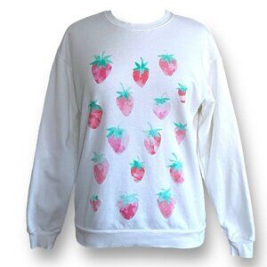 Special Thanks Womens Sweatshirt Sz Small White Pink Strawberry Print Kawaii